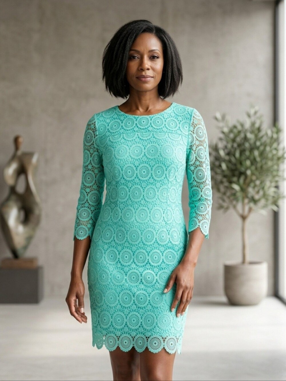 Crown & Ivy Mint Green Lace 3/4 Sleeve Round Neck Lace Evening Cocktail Dress 4P
